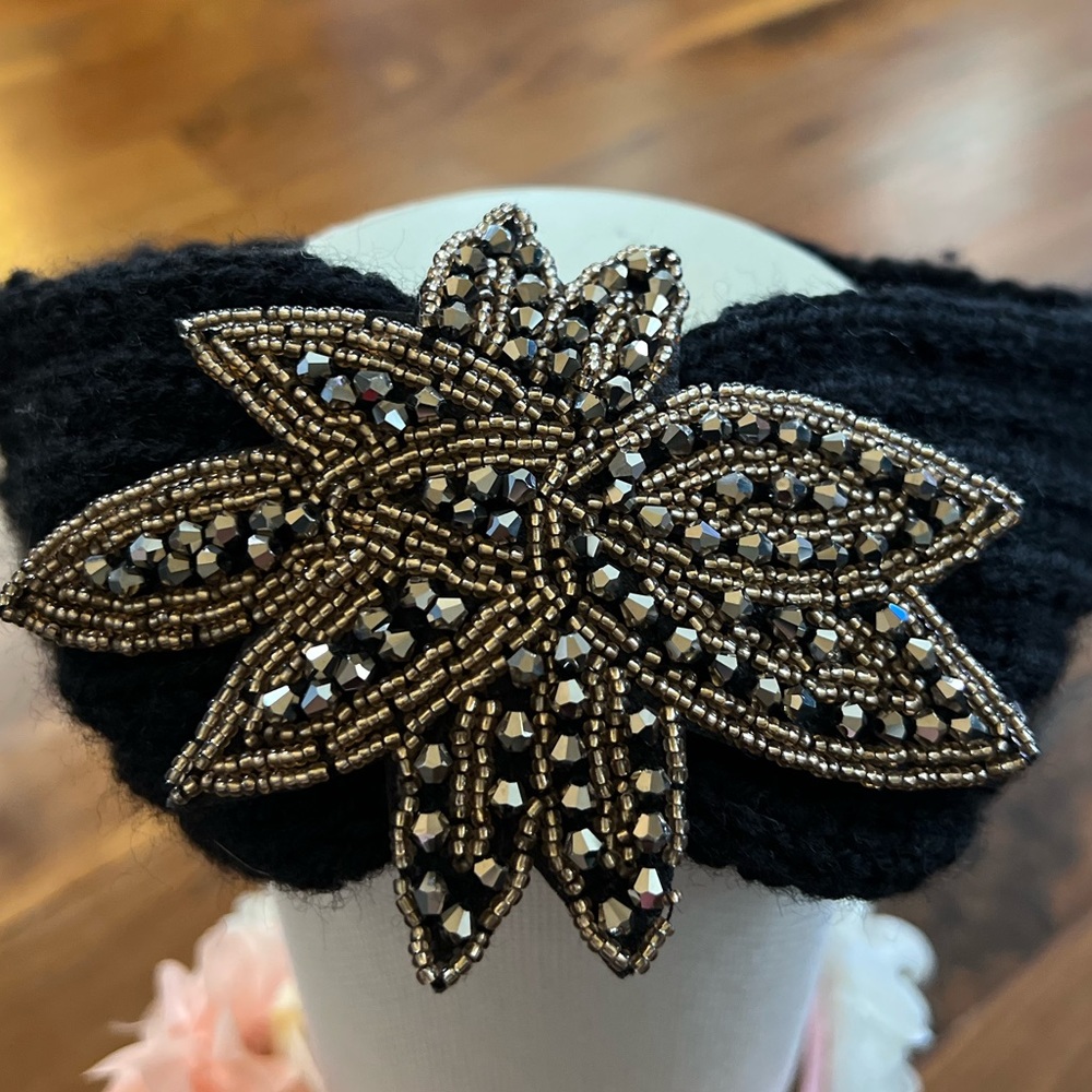 🖤black knitted headband with black beads🖤